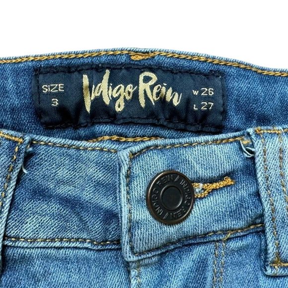 Indigo Rein Skinny Jeans Juniors 3 W26 Blue Mid Rise Frayed Hem Distressed Denim - Picture 4 of 11